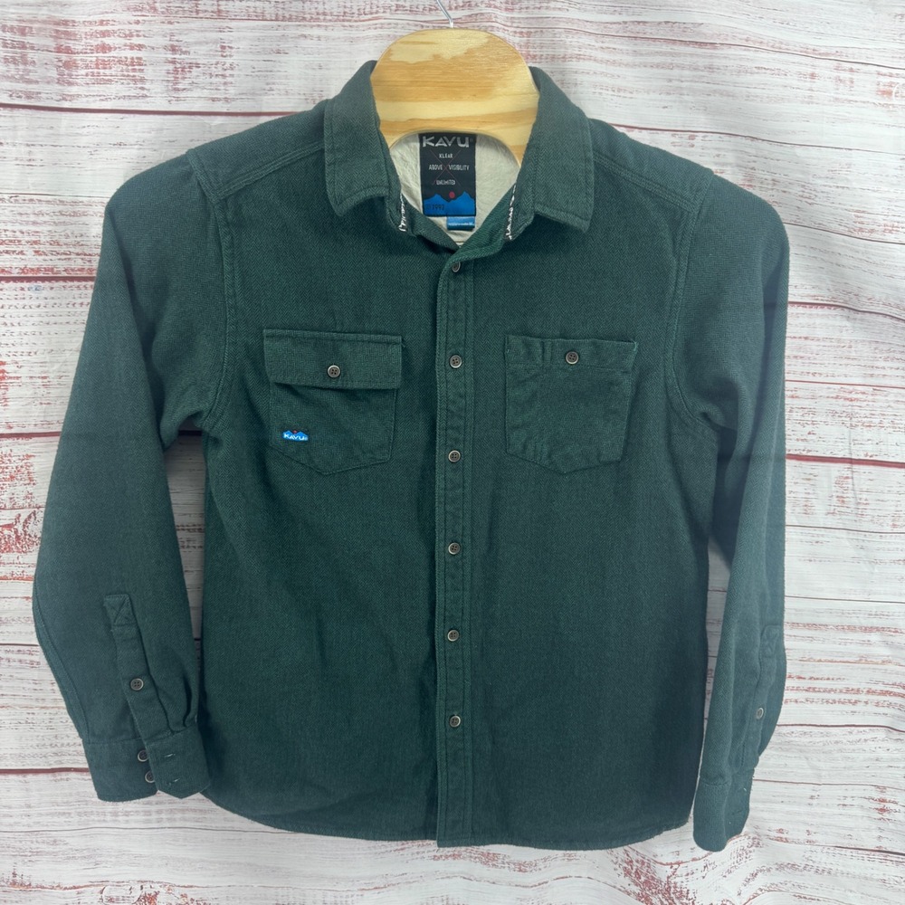 Kavu Flannel Shirt Mens Medium Herringbone Forest Green Long Sleeve Outdoors